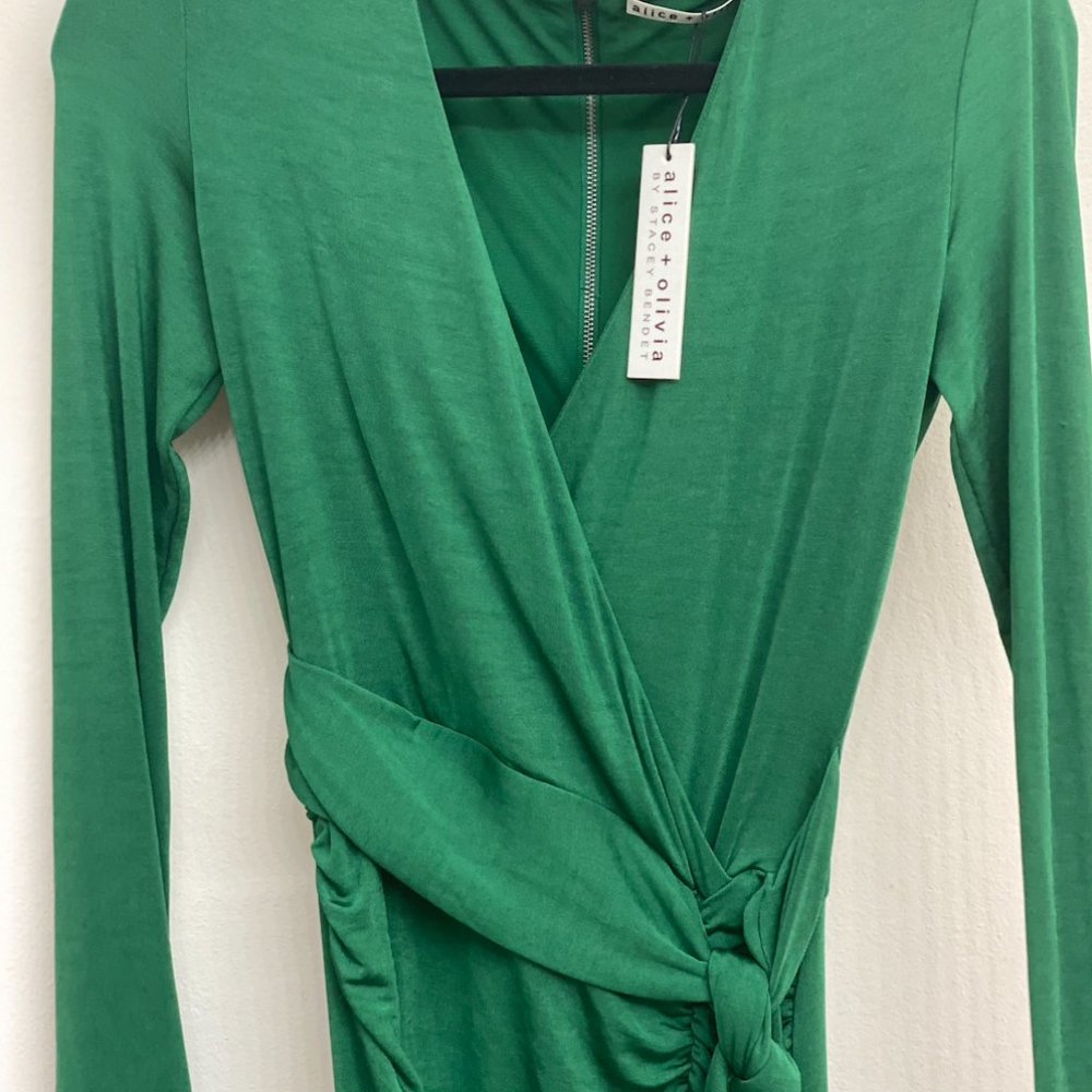 Alice + Olivia Kyra Deep V Drapey Padded Shoulders Maxi Dress Basil